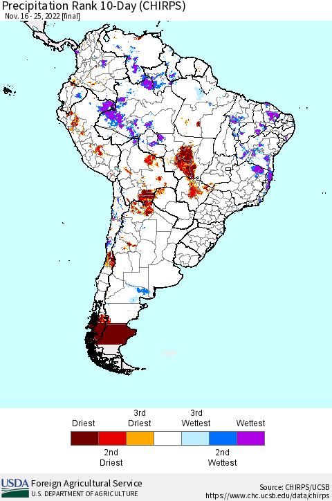South America Precipitation Rank since 1981, 10-Day (CHIRPS) Thematic Map For 11/16/2022 - 11/25/2022