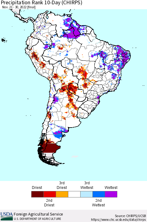 South America Precipitation Rank since 1981, 10-Day (CHIRPS) Thematic Map For 11/21/2022 - 11/30/2022