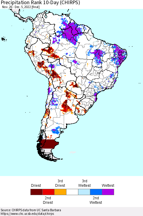 South America Precipitation Rank since 1981, 10-Day (CHIRPS) Thematic Map For 11/26/2022 - 12/5/2022