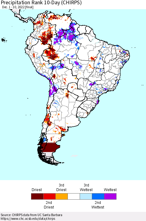 South America Precipitation Rank since 1981, 10-Day (CHIRPS) Thematic Map For 12/1/2022 - 12/10/2022