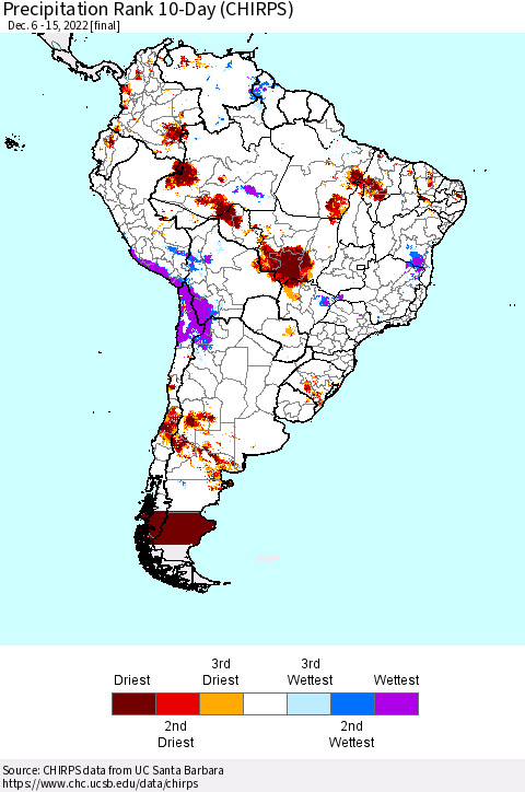 South America Precipitation Rank since 1981, 10-Day (CHIRPS) Thematic Map For 12/6/2022 - 12/15/2022