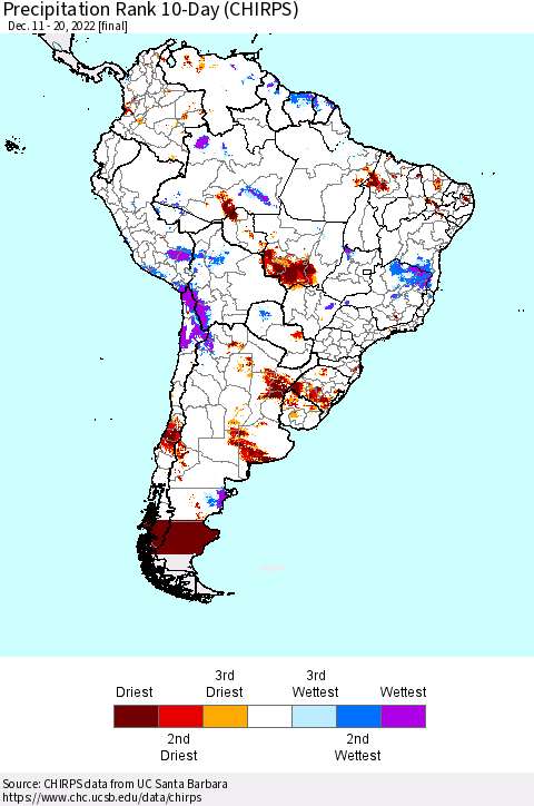 South America Precipitation Rank since 1981, 10-Day (CHIRPS) Thematic Map For 12/11/2022 - 12/20/2022
