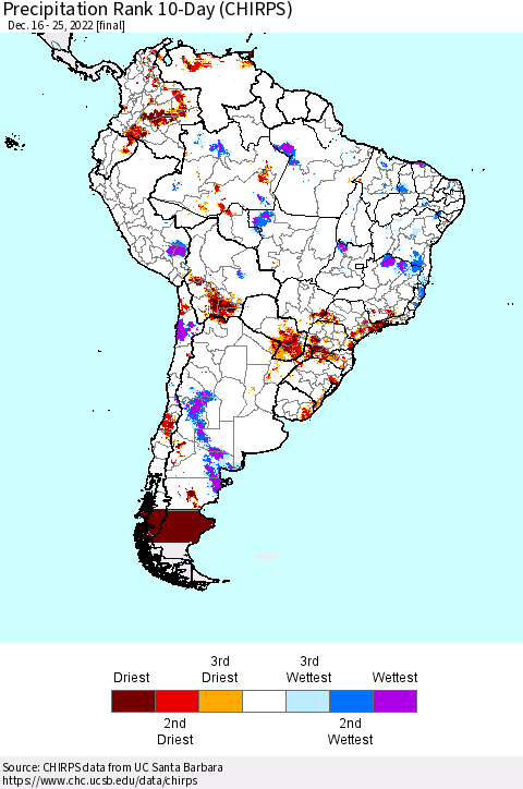 South America Precipitation Rank since 1981, 10-Day (CHIRPS) Thematic Map For 12/16/2022 - 12/25/2022
