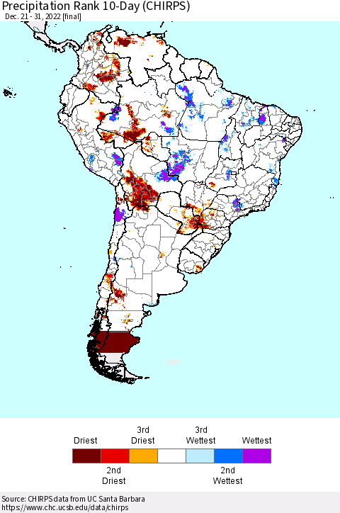 South America Precipitation Rank since 1981, 10-Day (CHIRPS) Thematic Map For 12/21/2022 - 12/31/2022
