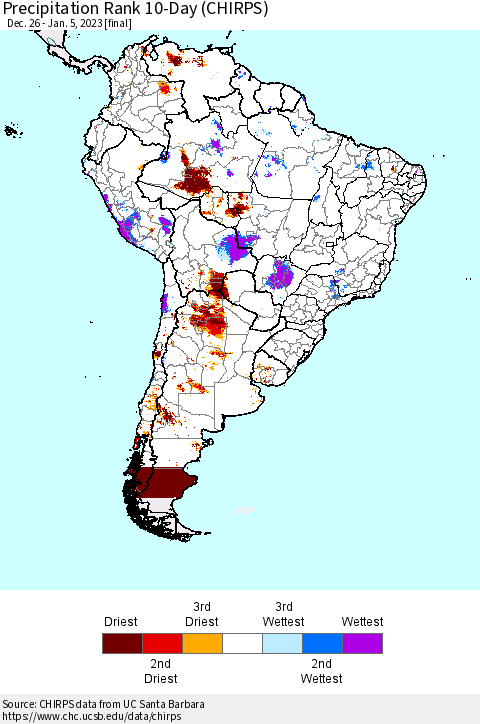 South America Precipitation Rank since 1981, 10-Day (CHIRPS) Thematic Map For 12/26/2022 - 1/5/2023