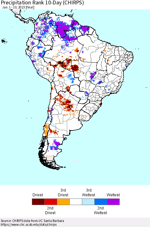 South America Precipitation Rank since 1981, 10-Day (CHIRPS) Thematic Map For 1/1/2023 - 1/10/2023