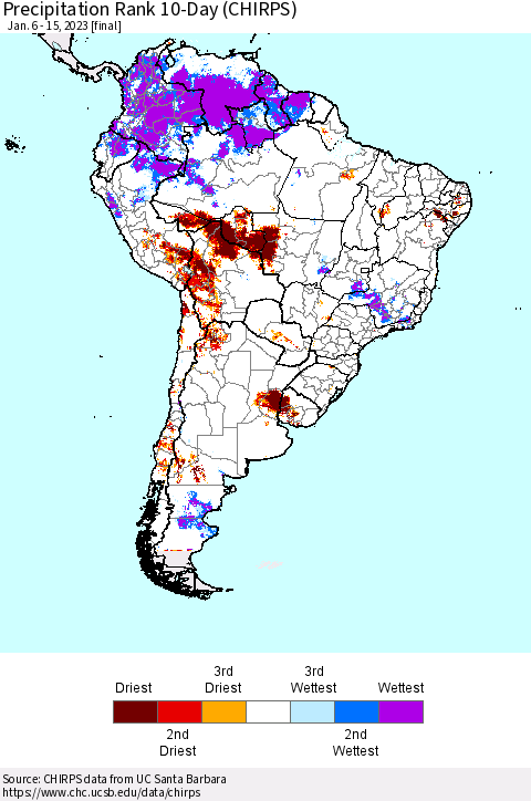 South America Precipitation Rank since 1981, 10-Day (CHIRPS) Thematic Map For 1/6/2023 - 1/15/2023