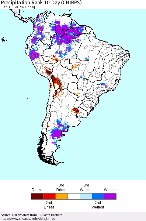 South America Precipitation Rank since 1981, 10-Day (CHIRPS) Thematic Map For 1/11/2023 - 1/20/2023