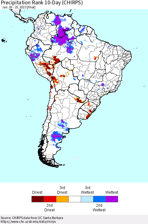 South America Precipitation Rank since 1981, 10-Day (CHIRPS) Thematic Map For 1/16/2023 - 1/25/2023