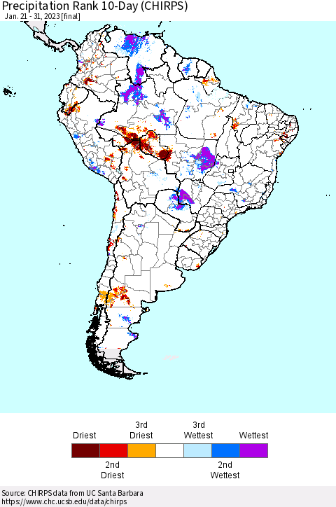 South America Precipitation Rank since 1981, 10-Day (CHIRPS) Thematic Map For 1/21/2023 - 1/31/2023
