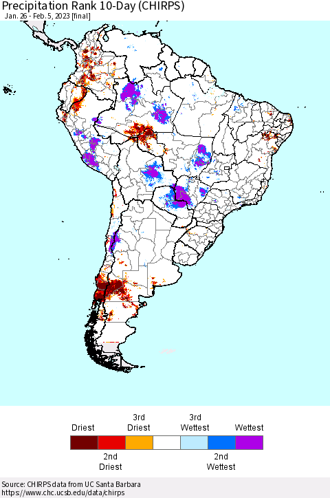 South America Precipitation Rank since 1981, 10-Day (CHIRPS) Thematic Map For 1/26/2023 - 2/5/2023