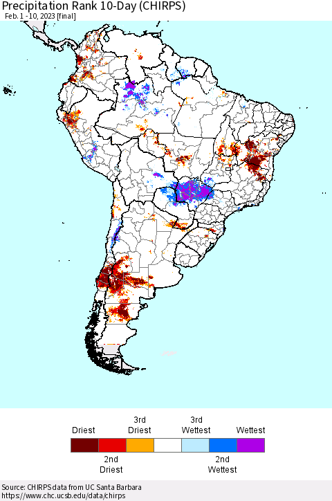 South America Precipitation Rank since 1981, 10-Day (CHIRPS) Thematic Map For 2/1/2023 - 2/10/2023
