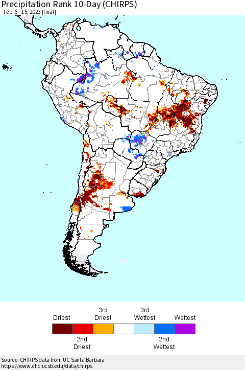 South America Precipitation Rank since 1981, 10-Day (CHIRPS) Thematic Map For 2/6/2023 - 2/15/2023