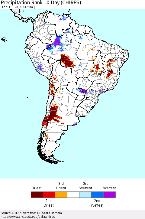 South America Precipitation Rank since 1981, 10-Day (CHIRPS) Thematic Map For 2/11/2023 - 2/20/2023
