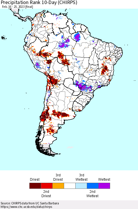 South America Precipitation Rank since 1981, 10-Day (CHIRPS) Thematic Map For 2/16/2023 - 2/25/2023