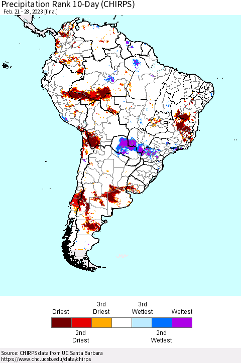 South America Precipitation Rank since 1981, 10-Day (CHIRPS) Thematic Map For 2/21/2023 - 2/28/2023