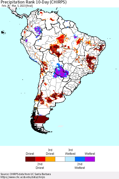 South America Precipitation Rank since 1981, 10-Day (CHIRPS) Thematic Map For 2/26/2023 - 3/5/2023