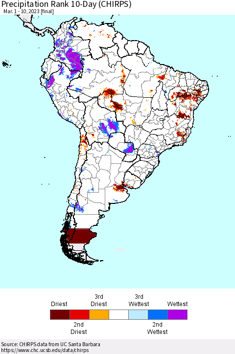 South America Precipitation Rank since 1981, 10-Day (CHIRPS) Thematic Map For 3/1/2023 - 3/10/2023