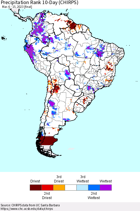 South America Precipitation Rank since 1981, 10-Day (CHIRPS) Thematic Map For 3/6/2023 - 3/15/2023