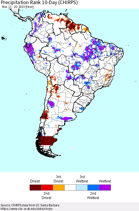 South America Precipitation Rank since 1981, 10-Day (CHIRPS) Thematic Map For 3/11/2023 - 3/20/2023