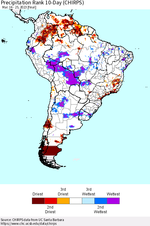 South America Precipitation Rank since 1981, 10-Day (CHIRPS) Thematic Map For 3/16/2023 - 3/25/2023