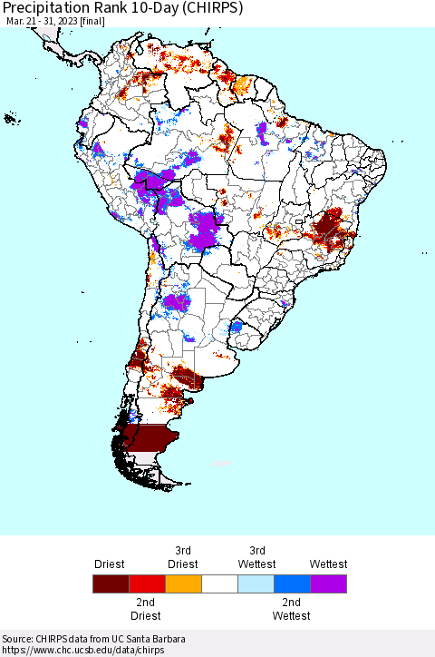 South America Precipitation Rank since 1981, 10-Day (CHIRPS) Thematic Map For 3/21/2023 - 3/31/2023