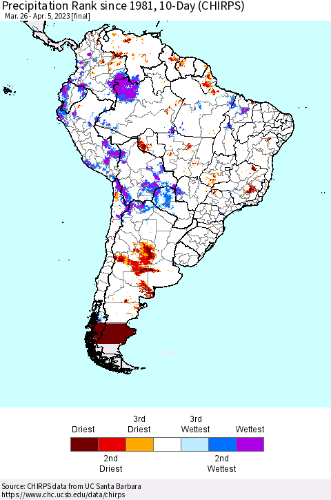 South America Precipitation Rank since 1981, 10-Day (CHIRPS) Thematic Map For 3/26/2023 - 4/5/2023