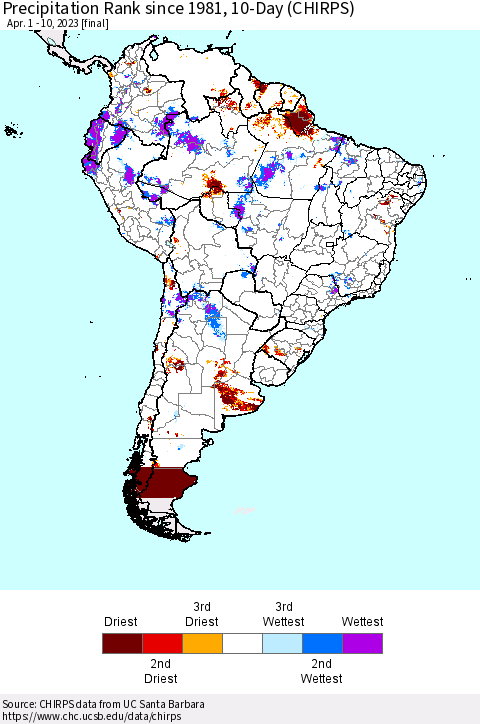 South America Precipitation Rank since 1981, 10-Day (CHIRPS) Thematic Map For 4/1/2023 - 4/10/2023