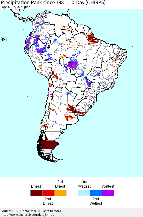 South America Precipitation Rank since 1981, 10-Day (CHIRPS) Thematic Map For 4/6/2023 - 4/15/2023
