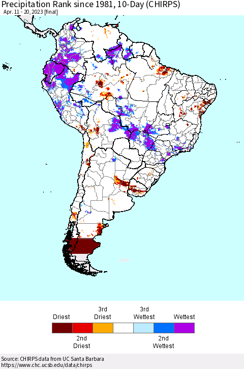 South America Precipitation Rank since 1981, 10-Day (CHIRPS) Thematic Map For 4/11/2023 - 4/20/2023