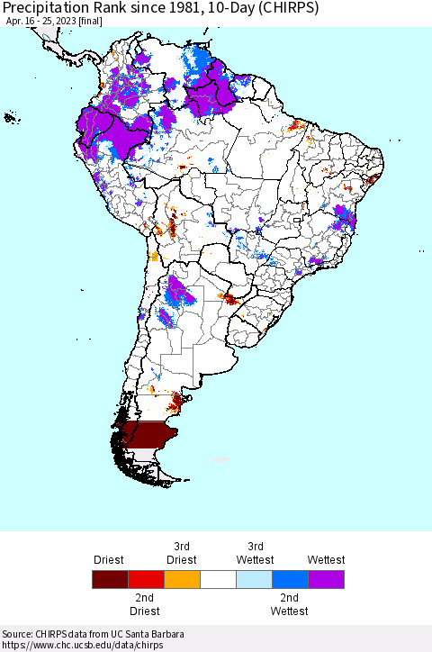 South America Precipitation Rank since 1981, 10-Day (CHIRPS) Thematic Map For 4/16/2023 - 4/25/2023