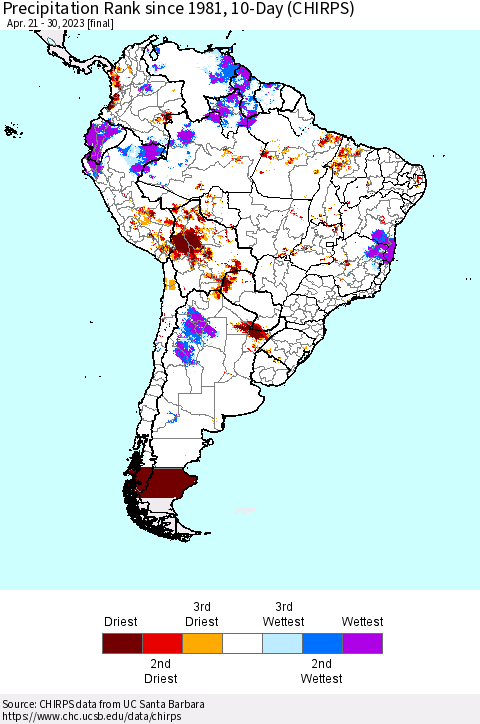 South America Precipitation Rank since 1981, 10-Day (CHIRPS) Thematic Map For 4/21/2023 - 4/30/2023