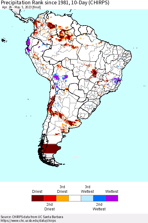 South America Precipitation Rank since 1981, 10-Day (CHIRPS) Thematic Map For 4/26/2023 - 5/5/2023