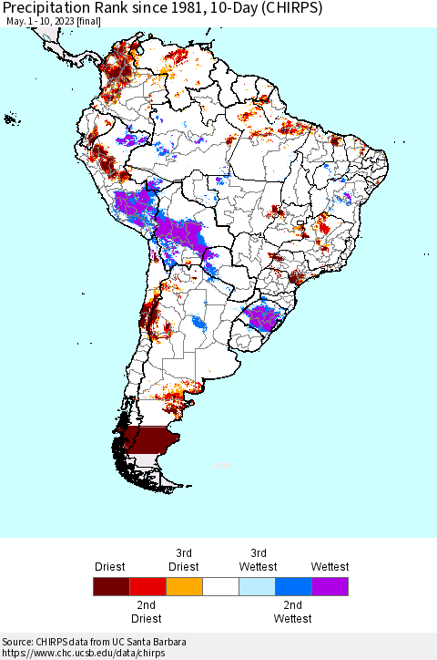 South America Precipitation Rank since 1981, 10-Day (CHIRPS) Thematic Map For 5/1/2023 - 5/10/2023