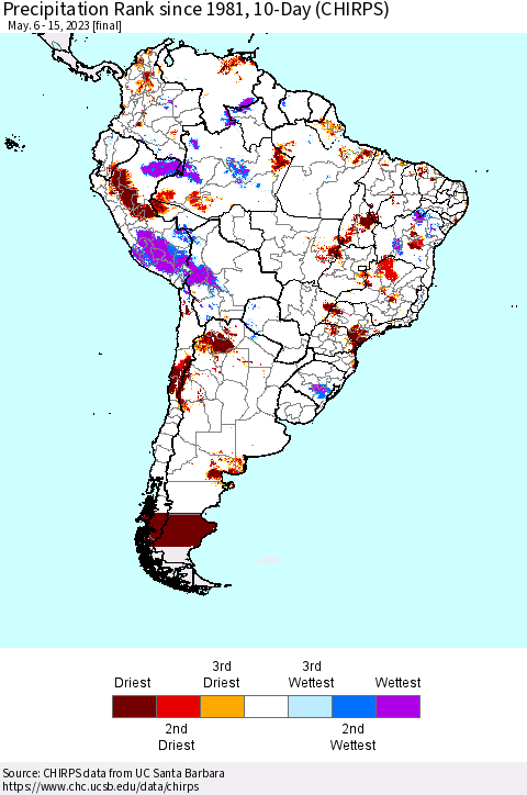 South America Precipitation Rank since 1981, 10-Day (CHIRPS) Thematic Map For 5/6/2023 - 5/15/2023