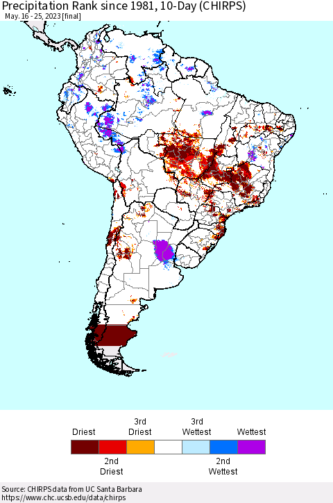 South America Precipitation Rank since 1981, 10-Day (CHIRPS) Thematic Map For 5/16/2023 - 5/25/2023