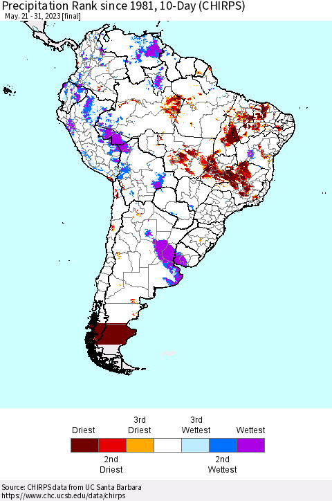 South America Precipitation Rank since 1981, 10-Day (CHIRPS) Thematic Map For 5/21/2023 - 5/31/2023