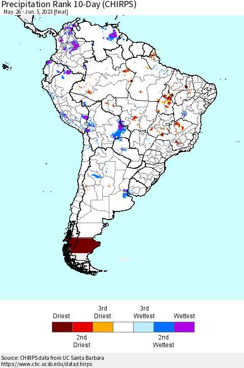 South America Precipitation Rank since 1981, 10-Day (CHIRPS) Thematic Map For 5/26/2023 - 6/5/2023
