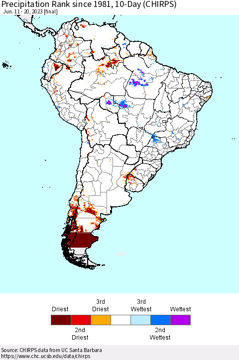 South America Precipitation Rank since 1981, 10-Day (CHIRPS) Thematic Map For 6/11/2023 - 6/20/2023