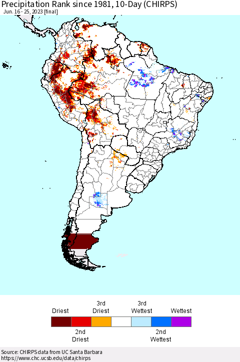 South America Precipitation Rank since 1981, 10-Day (CHIRPS) Thematic Map For 6/16/2023 - 6/25/2023
