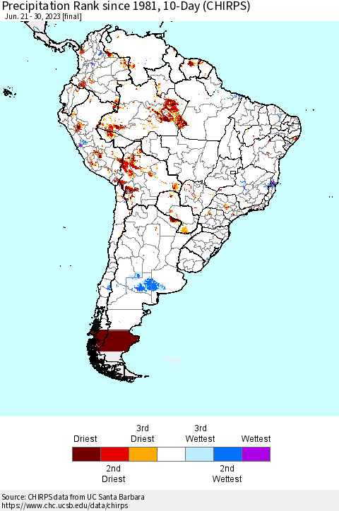 South America Precipitation Rank since 1981, 10-Day (CHIRPS) Thematic Map For 6/21/2023 - 6/30/2023