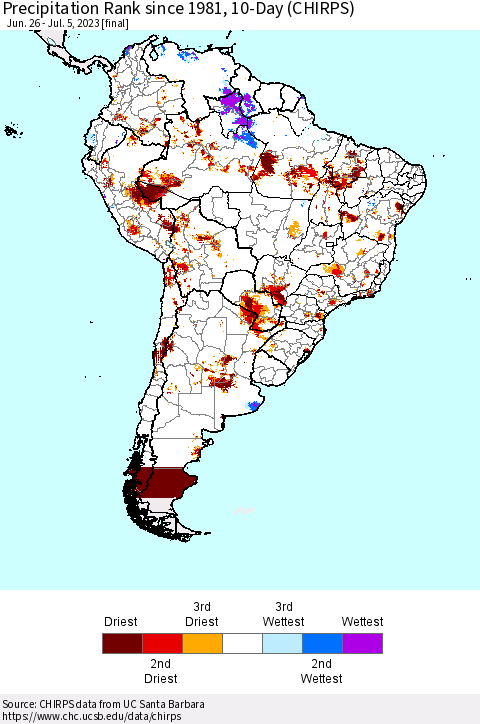 South America Precipitation Rank since 1981, 10-Day (CHIRPS) Thematic Map For 6/26/2023 - 7/5/2023