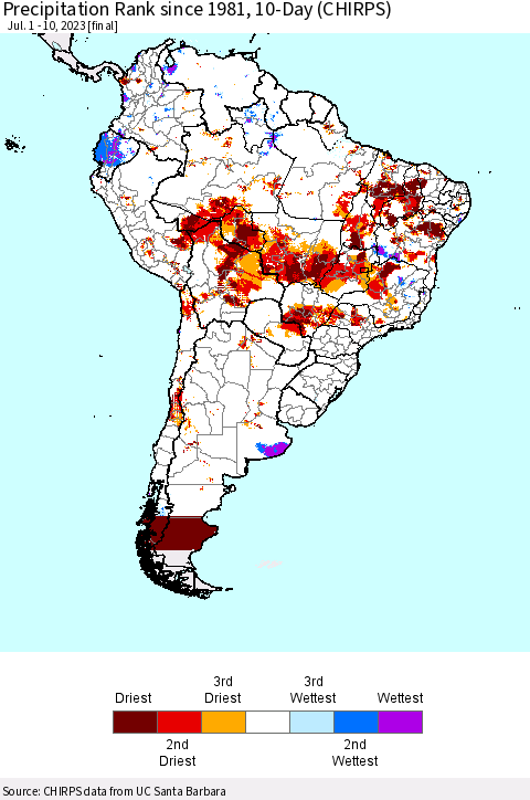South America Precipitation Rank since 1981, 10-Day (CHIRPS) Thematic Map For 7/1/2023 - 7/10/2023