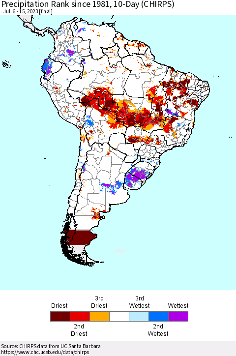 South America Precipitation Rank since 1981, 10-Day (CHIRPS) Thematic Map For 7/6/2023 - 7/15/2023