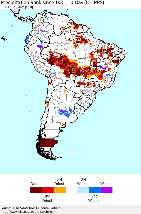 South America Precipitation Rank since 1981, 10-Day (CHIRPS) Thematic Map For 7/11/2023 - 7/20/2023