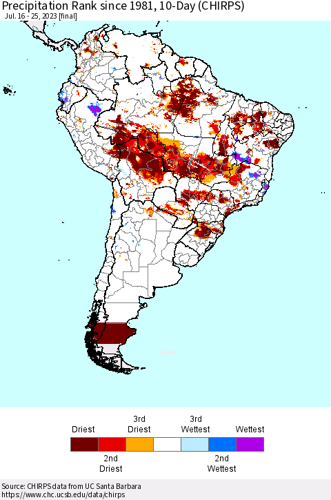 South America Precipitation Rank since 1981, 10-Day (CHIRPS) Thematic Map For 7/16/2023 - 7/25/2023