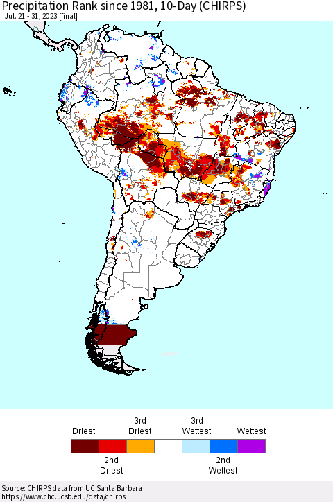 South America Precipitation Rank since 1981, 10-Day (CHIRPS) Thematic Map For 7/21/2023 - 7/31/2023