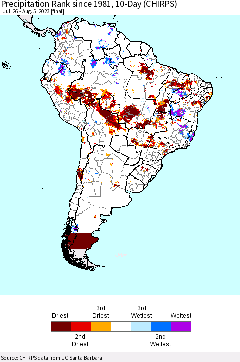 South America Precipitation Rank since 1981, 10-Day (CHIRPS) Thematic Map For 7/26/2023 - 8/5/2023