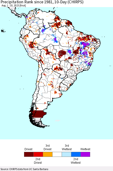 South America Precipitation Rank since 1981, 10-Day (CHIRPS) Thematic Map For 8/1/2023 - 8/10/2023