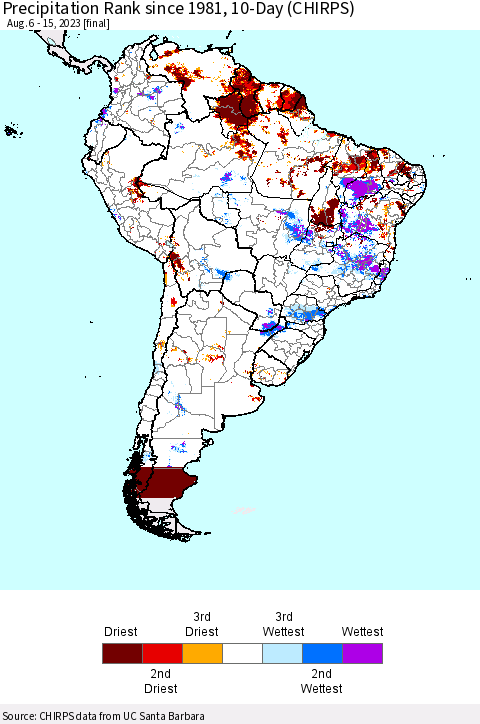 South America Precipitation Rank since 1981, 10-Day (CHIRPS) Thematic Map For 8/6/2023 - 8/15/2023